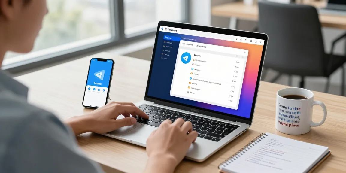 The user configuring Telegram Chinese interface on a laptop in a bright workspace, showcasing technology setup.