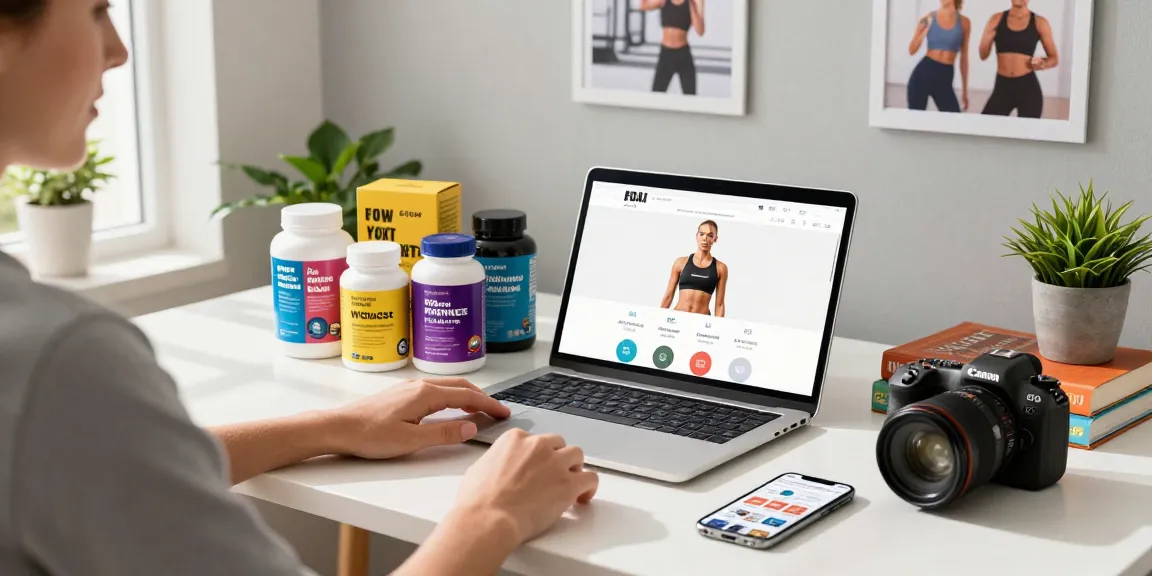 Medi Pharma Shop Durchstöberungserlebnis in einem gemütlichen Homeoffice mit Fitnessprodukten.