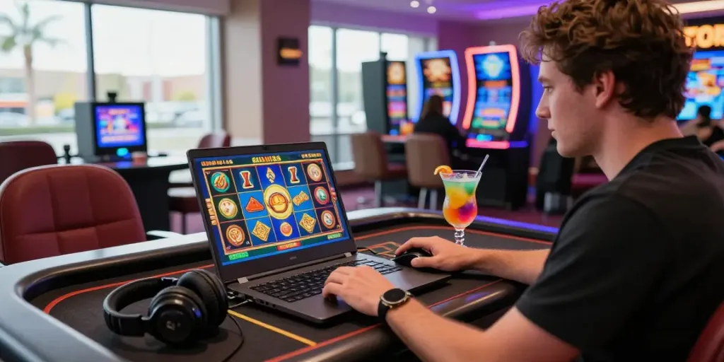 Casino mit schneller Verifizierung: Spieler in einem modernen Online-Casino mit bunten Grafiken und einladender Atmosphäre.