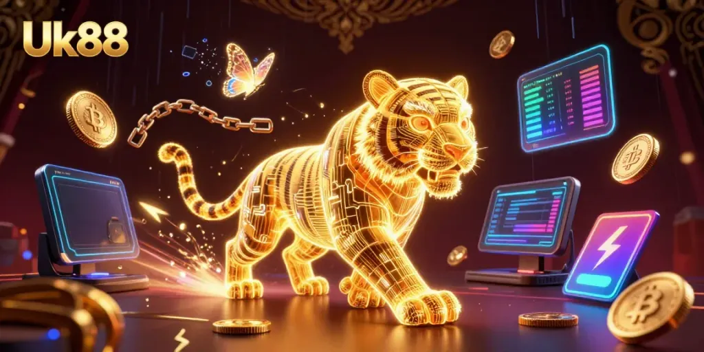 Experience thrilling wins at Uk88 with a dynamic, vibrant digital casino scene featuring a neon tiger and crypto elements.