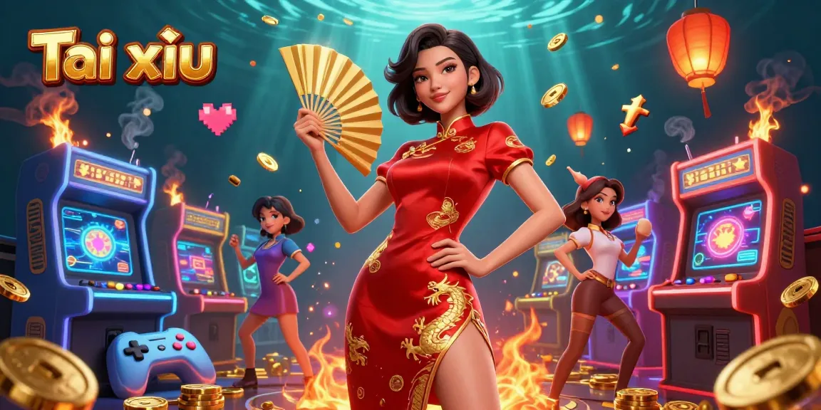 Tài xỉu game scene with an Asian woman in qipao, surrounded by lanterns and gold coins
