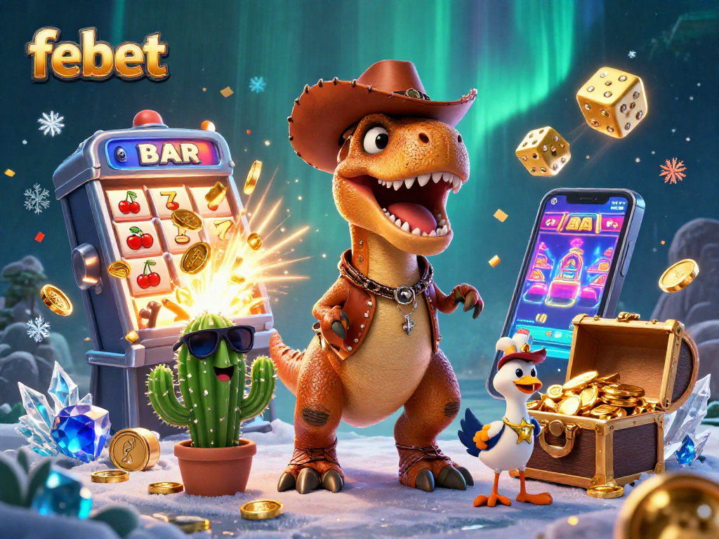 Win big at febet with a colorful jackpot scene showcasing a dynamic T-Rex and casino elements.