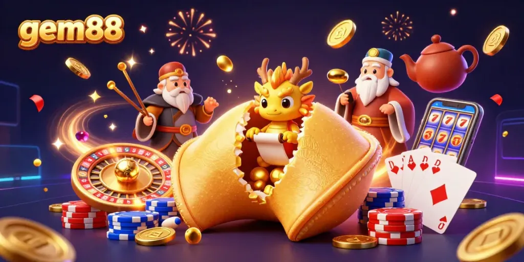 Experience the excitement of gambling with gem88, featuring a dynamic scene of fortune and joy.