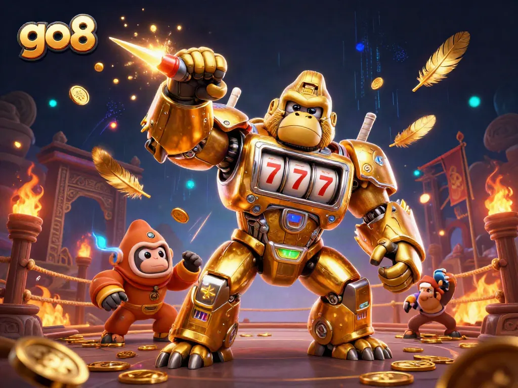 Spin slots and win big with the go8 golden gorilla mech in a vibrant casino scene.