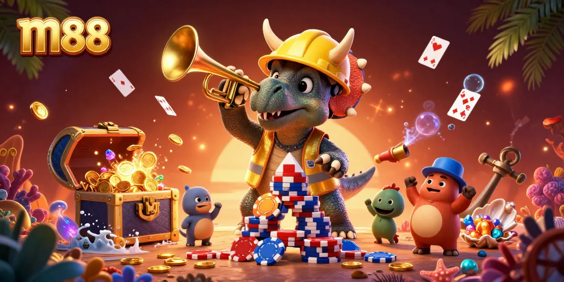Experience thrilling m88 action with a vibrant 3D scene of triceratops celebrating wins in a casino.