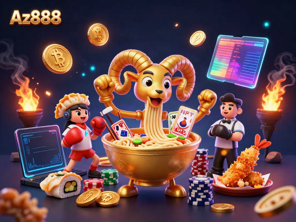 Experience thrilling gameplay at Az888 with a 3D golden ramen bowl dealing cards surrounded by crypto coins and vibrant visuals.