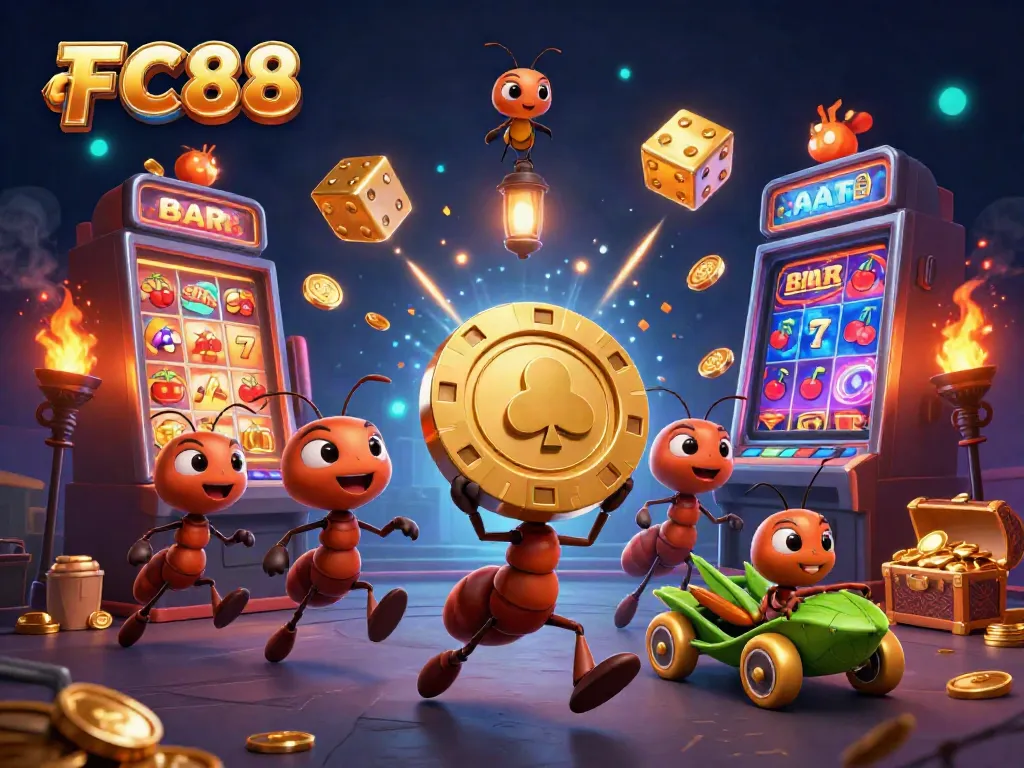 Engage in thrilling gaming at FC88 with vibrant 3D heist-themed casino art featuring animated characters and games.