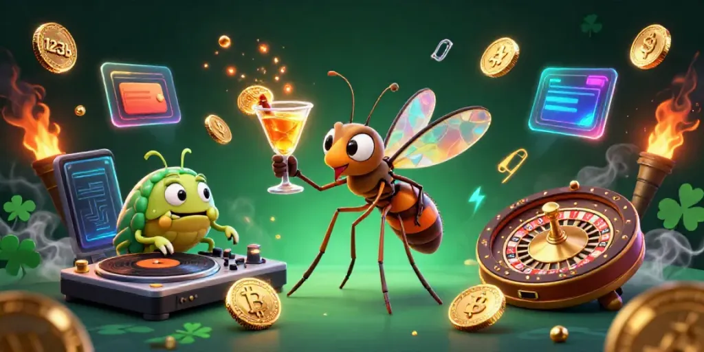 Engage with the vibrant 123b casino scene, featuring a unique frozen-in-amber mosquito mascot and investing coins.