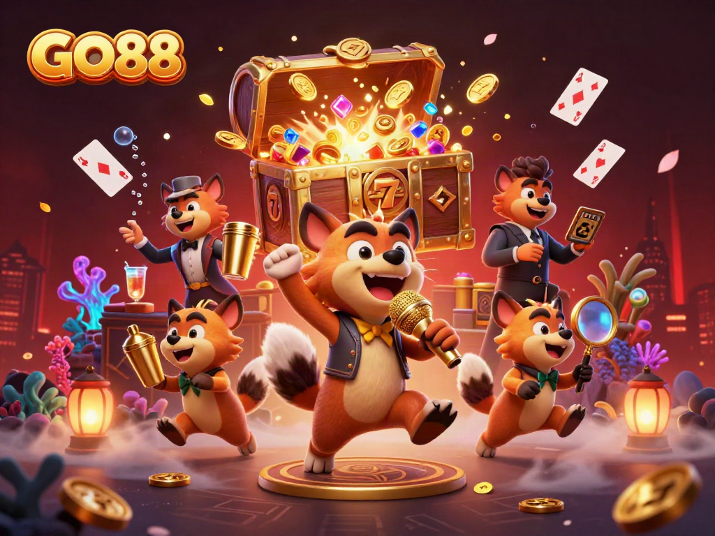 GO88 offers thrilling casino fun with a 3D cartoon hyena comedy casino scene, mixing drinks and checking IDs.