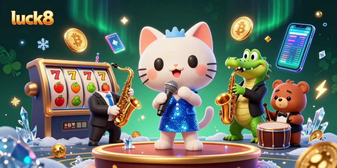 Experience luck8 excitement on stage with a cartoon cat singer, surrounded by vibrant slot reels and crypto coins.