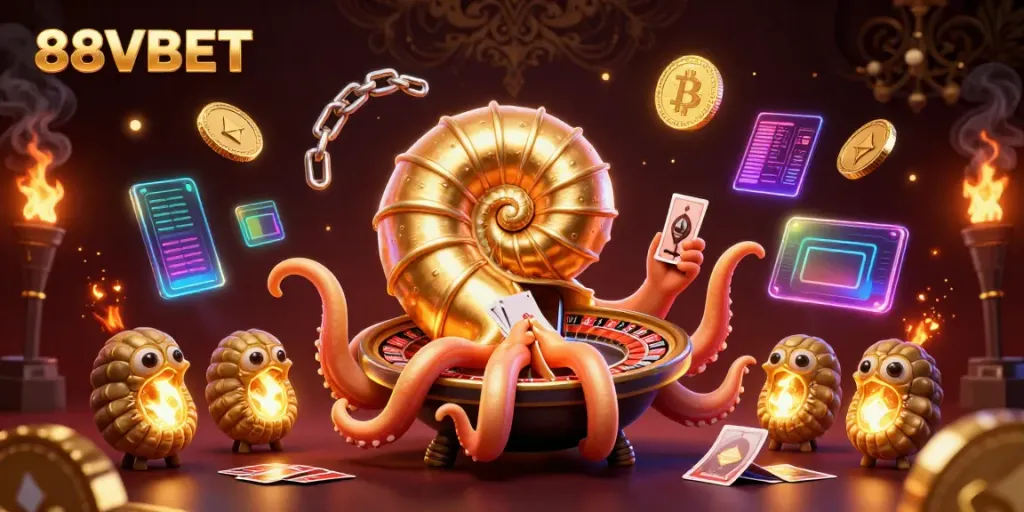 Experience thrilling gaming at 88VBET with vibrant characters, glowing crypto elements, and engaging game visuals.