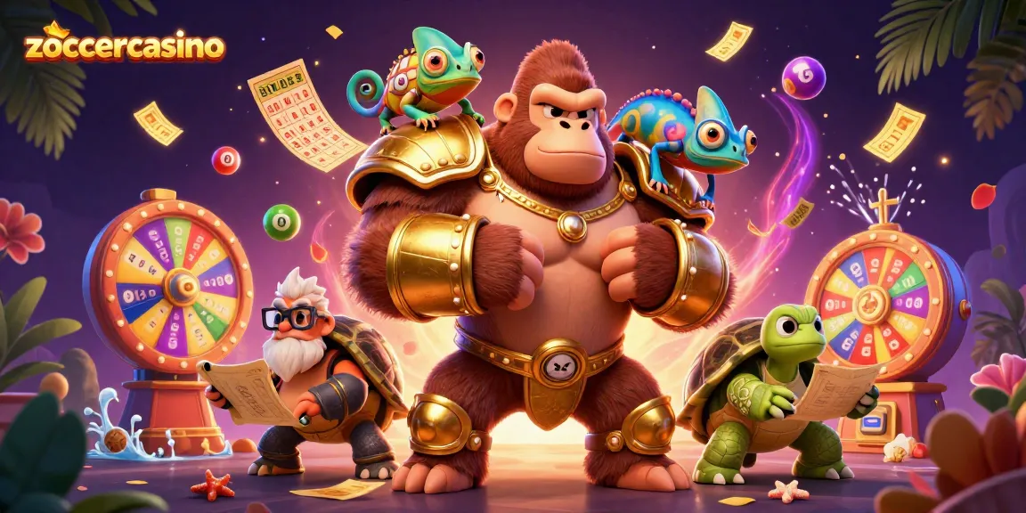 Zoccercasino auf einem lebendigen und dynamischen Bild mit dem Gorillakönig und bunten Lotteriebällen, die herumspringen.