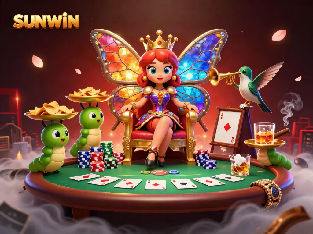 Experience the excitement of SUNWIN with vibrant 3D illustration of a butterfly queen surrounded by casino action.