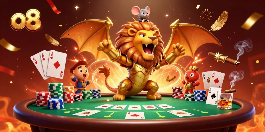 Engage with the exciting casino world of o8 featuring a roaring chimera and poker action.