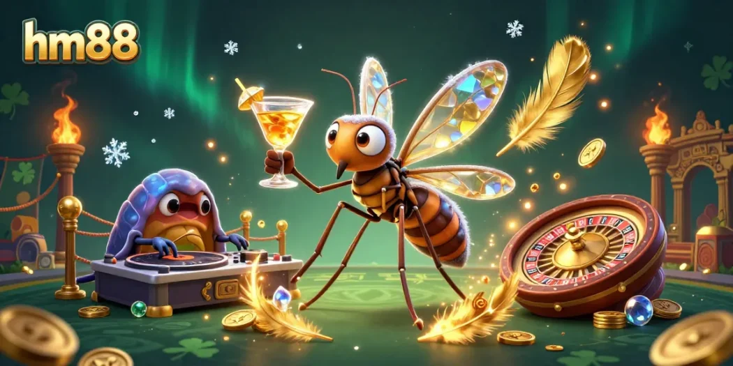 Experience excitement at hm88 with a frozen mosquito casino mascot, trilobite DJ, and roulette wheel.