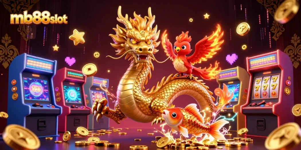 Join the excitement at mb88slot with a golden dragon and phoenix amidst dazzling game elements.