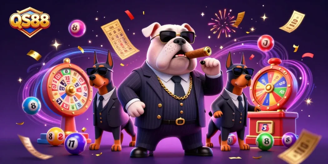 Win big with QS88 in this dynamic gambling scene featuring casino symbols and a vibrant atmosphere.