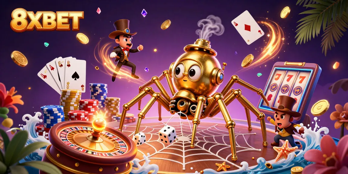 Experience thrilling wins with 8XBET in a vibrant 3D gambling scene showcasing dynamic gameplay.