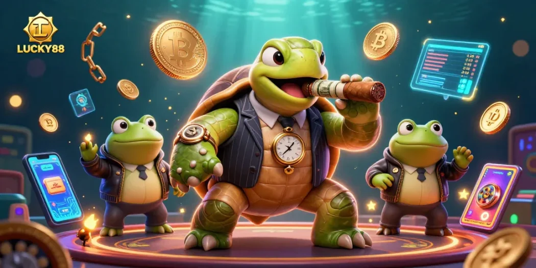 Experience LUCKY88: a dynamic casino scene with a snapping turtle and frog enforcers amidst neon crypto coins.