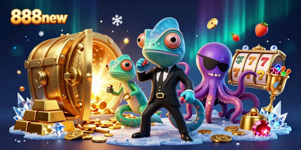 Experience thrilling casino action with 888new's cartoon characters amidst vibrant treasures.