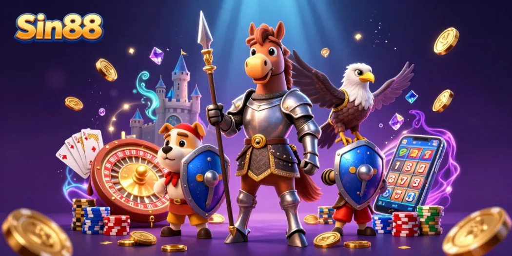 Engage with Sin88's thrilling casino scene featuring knights, sparkling coins, and vibrant poker elements.
