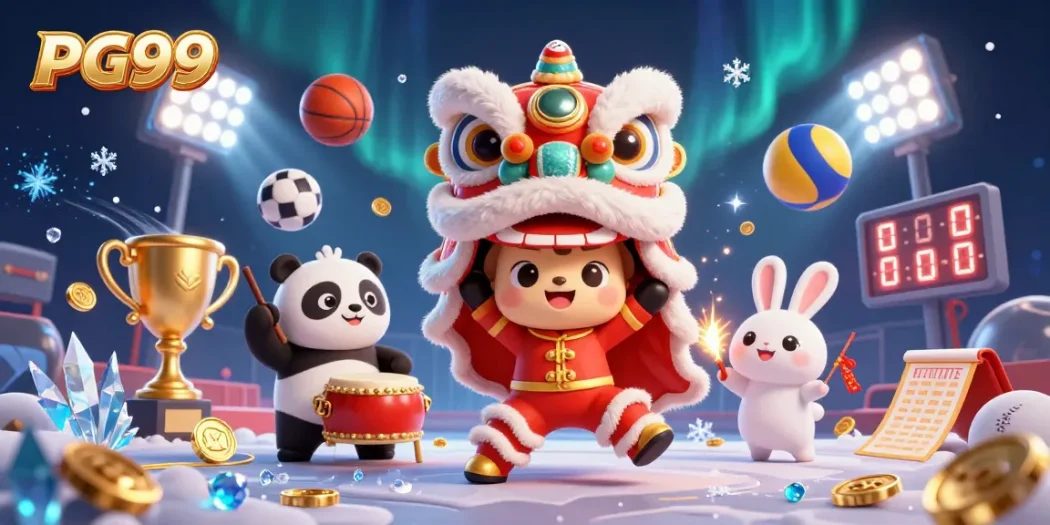 Experience thrilling gaming at PG99 with an energetic lion dance surrounded by vibrant sports elements.