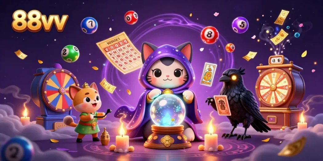 Engage with 88vv's vibrant lottery scene showcasing a mystic cat, a raven, and dynamic game elements.
