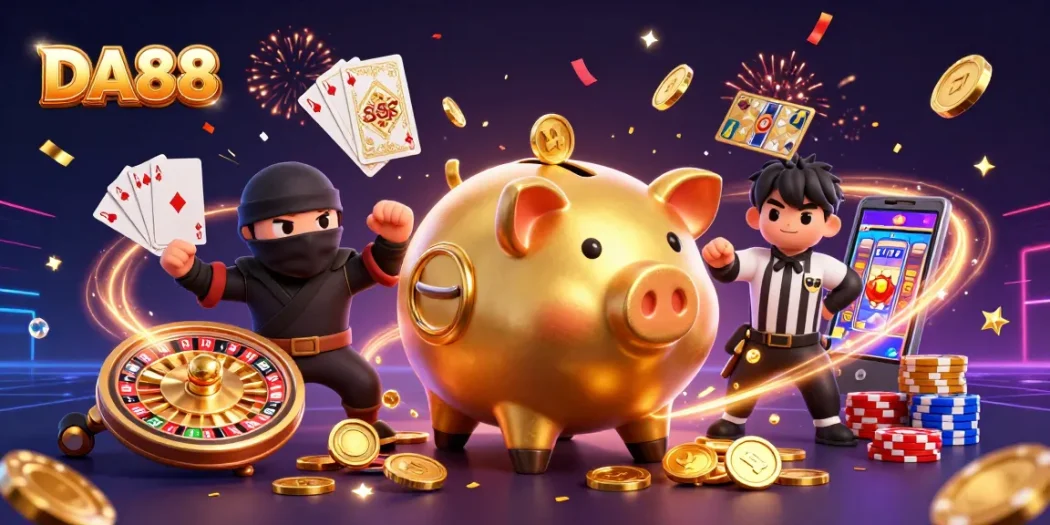 Experience thrilling action at DA88 with a dynamic 3D casino scene of vibrant characters and elements.