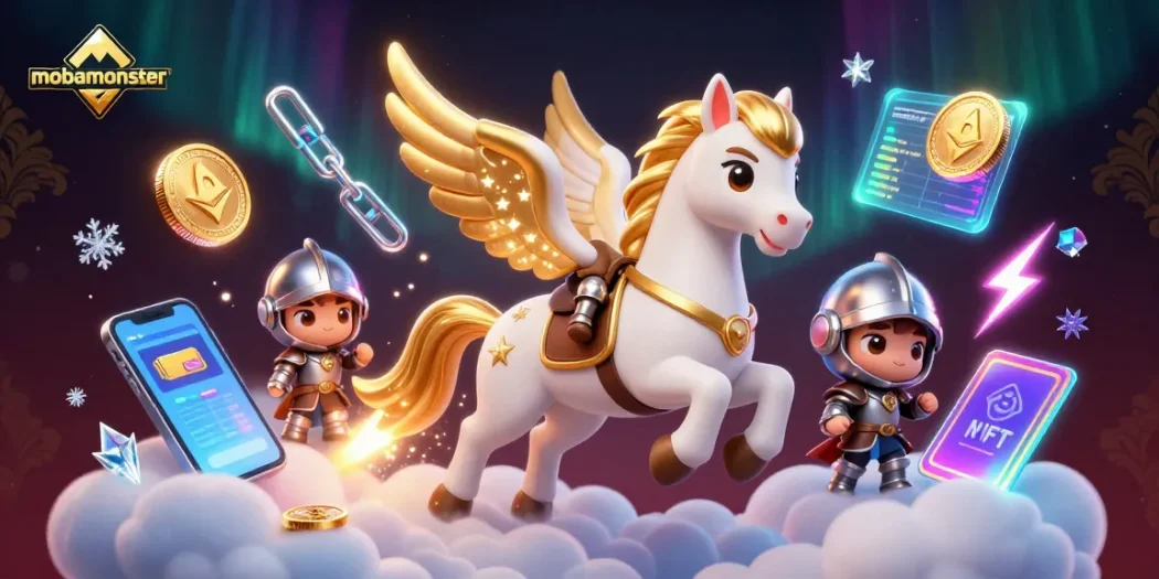 Engage with mobamonster's dynamic 3D casino scene featuring a celestial horse and crypto elements.