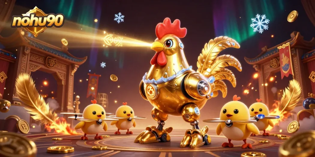 Nohu90 showcases a dynamic gambling arena with a golden rooster robot and baby chick drones amidst swirling gold coins.