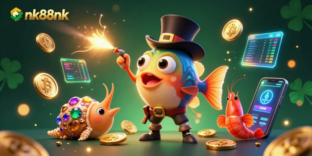 Engage with nk88nk's vibrant gaming world featuring lively sea creatures, treasure, and cryptocurrency elements.