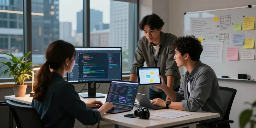 Build internal tools with AI in a collaborative tech workspace, highlighting innovation and teamwork.