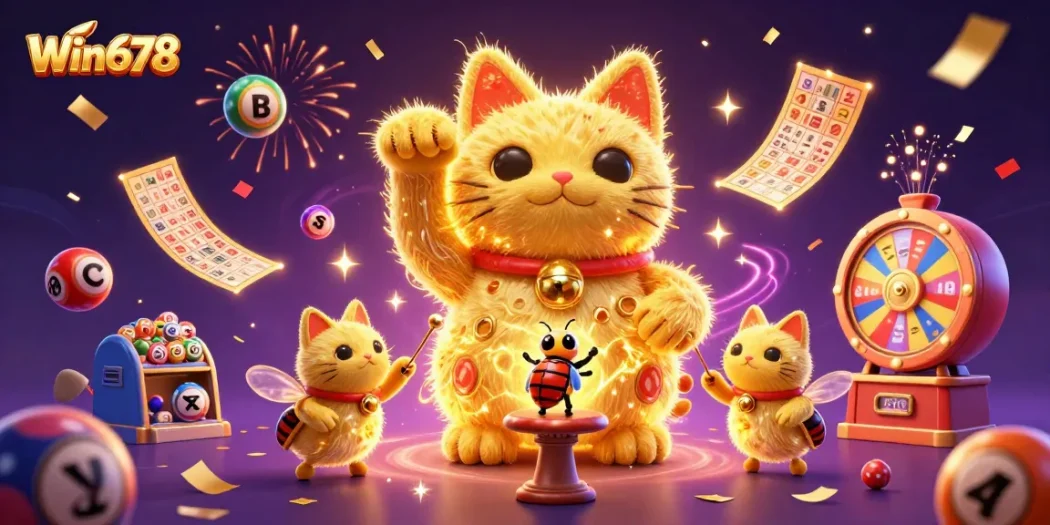 Win678 showcases a dynamic 3D lucky cat formed from golden fireflies surrounded by bouncing lottery balls.