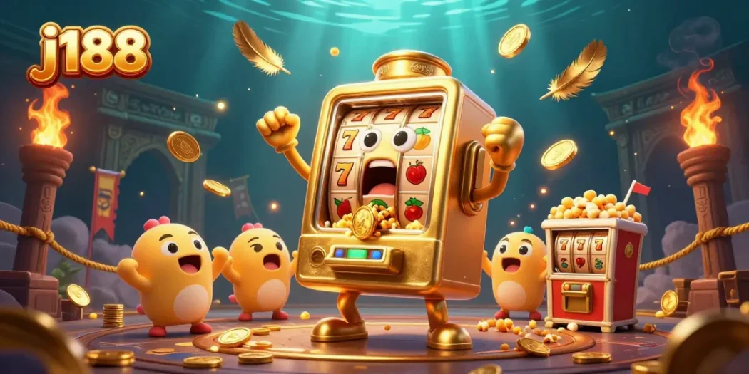 Win big on j188 as the golden slot machine celebrates a jackpot with cheering companions!