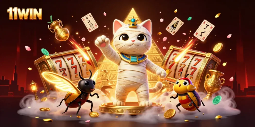 Experience the thrilling atmosphere of 11WIN with a 3D mummy cat and slot reels in a vibrant casino scene.
