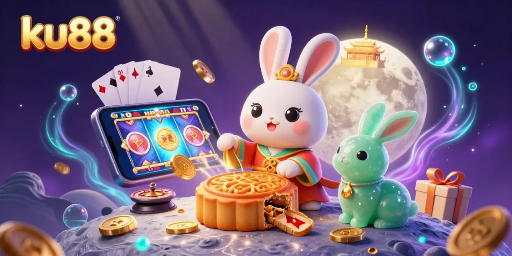 ku88 presents a vibrant casino illustration featuring a moon rabbit and gaming elements for an engaging experience.