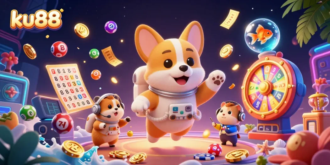 Win big at ku88 with a vibrant space-themed casino illustration packed with gaming action.
