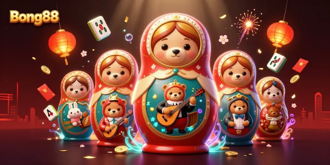 Bong88 showcases vibrant 3D casino themes with playful cartoon bears and festive decorations.