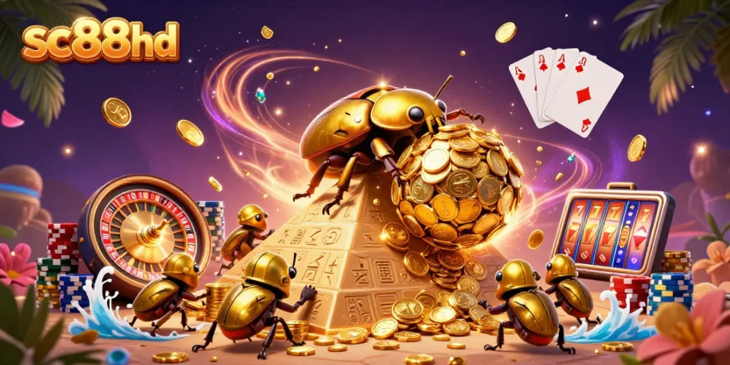 Spin to win with sc88hd as golden beetles roll coins in a vibrant casino scene.