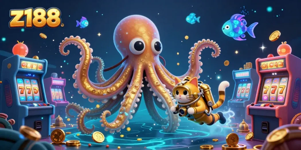 Engage with z188's vibrant casino scene featuring a kraken and diving cat among dynamic game elements.