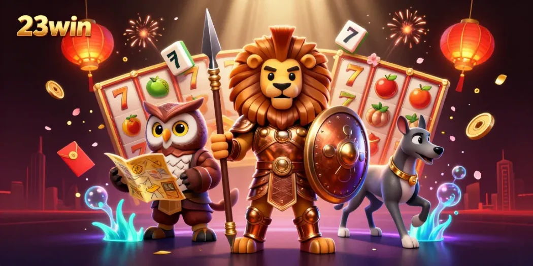Experience the thrilling world of 23win as a Spartan lion, tactical owl, and swift greyhound bring luck in an exciting casino scene.