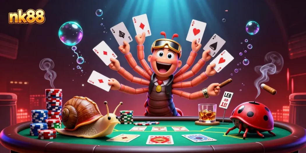 Engage with nk88 in an exciting poker scene featuring a millipede dealer and high-roller characters