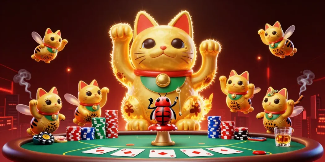 Experience the excitement of 888top-bet with golden fireflies forming a lucky cat at a vibrant poker scene.