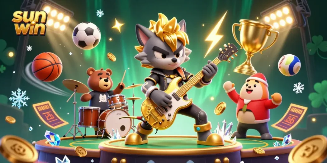 Experience the excitement of sun win with dynamic 3D action featuring a rock star wolf and sports elements.
