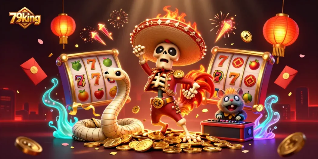 Engage with 79king's vibrant casino scene featuring a mariachi rooster, mummy snake, and DJ hamster.