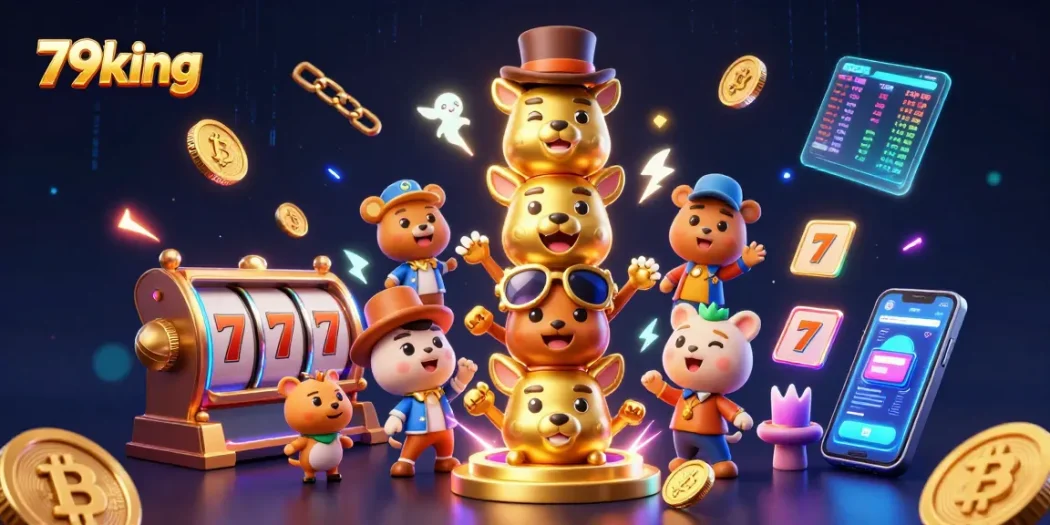 Engage with 79king: Vibrant 3D totem scene showcasing rich casino elements.